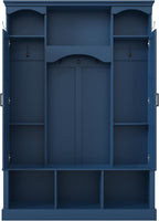 Knocbel Farmhouse Hall Tree Organizer, Seat Bench with 3 Open Compartments, Coat Rack with Dual Side Cabinets, 7 Hooks, Adjustable Shelves, 3 Top Cubbies, for Entryway Living Room, 53.5" Blue