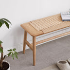 Wood Dining Bench with Hand Woven Rattan Seat, Farmhouse Entryway Bench for Bedroom, Kitchen, Living Room (Oak+Wood)