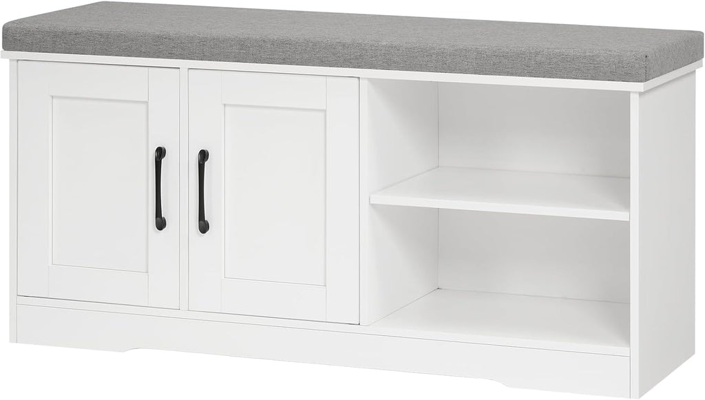 MAHANCRIS Storage Bench, 39.4" Wide Shoe Bench with Padded Seat Cushion, Entryway Bench with 2 Doors and Adjustable Shelf, End of Bed Bench, for Hallway, Bedroom, White and Gray BSWT1201