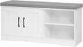 MAHANCRIS Storage Bench, 39.4" Wide Shoe Bench with Padded Seat Cushion, Entryway Bench with 2 Doors and Adjustable Shelf, End of Bed Bench, for Hallway, Bedroom, White and Gray BSWT1201