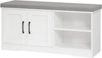 MAHANCRIS Storage Bench, 39.4" Wide Shoe Bench with Padded Seat Cushion, Entryway Bench with 2 Doors and Adjustable Shelf, End of Bed Bench, for Hallway, Bedroom, White and Gray BSWT1201