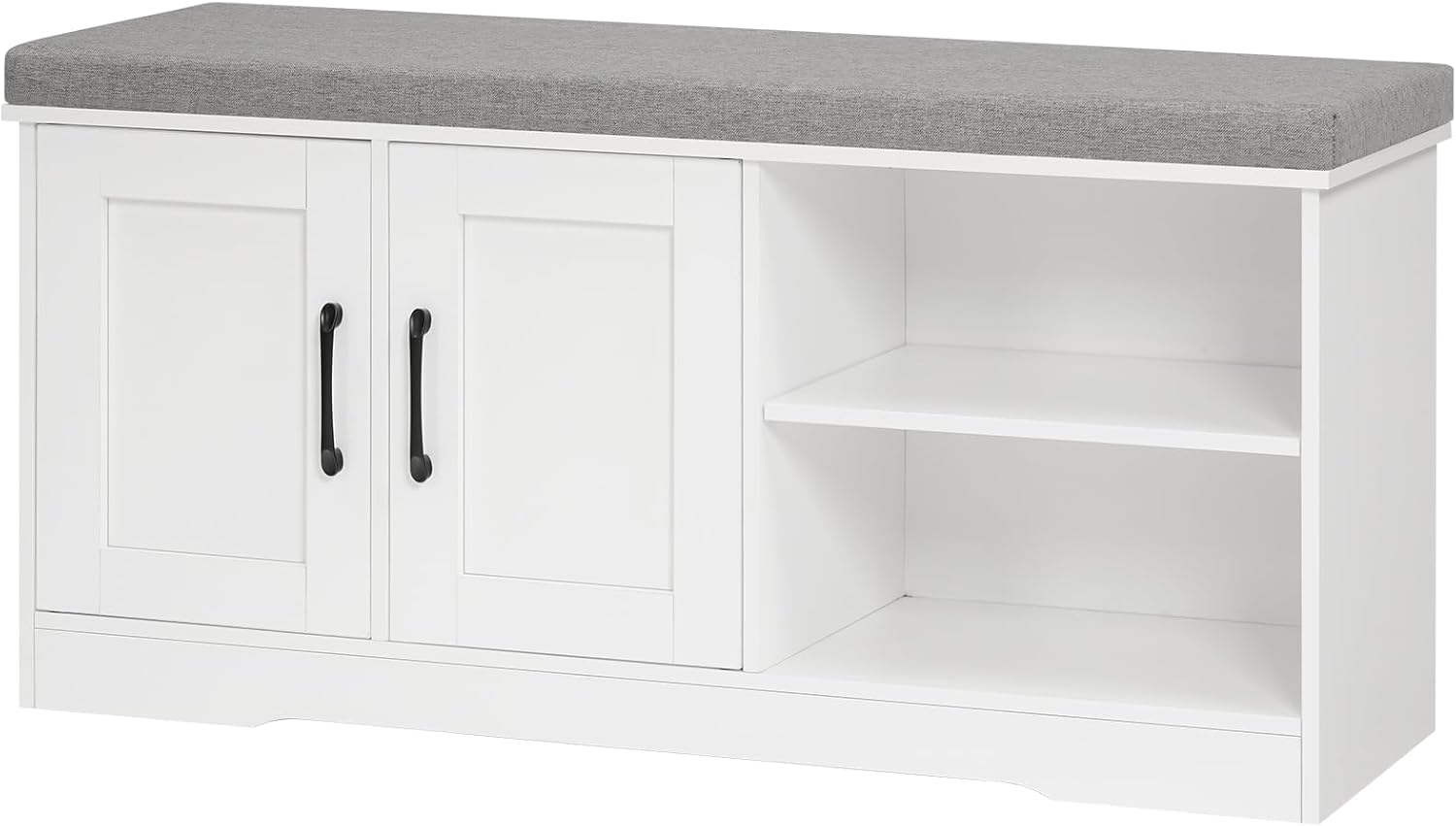 MAHANCRIS Storage Bench, 39.4" Wide Shoe Bench with Padded Seat Cushion, Entryway Bench with 2 Doors and Adjustable Shelf, End of Bed Bench, for Hallway, Bedroom, White and Gray BSWT1201
