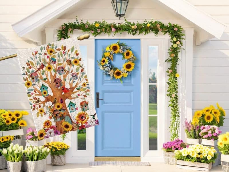 Welcome spring summer sunflower outdoor house flag, bird double sided Burlap fall flag 28x40 Inch, seasonal farmhouse vacation outdoor decoration