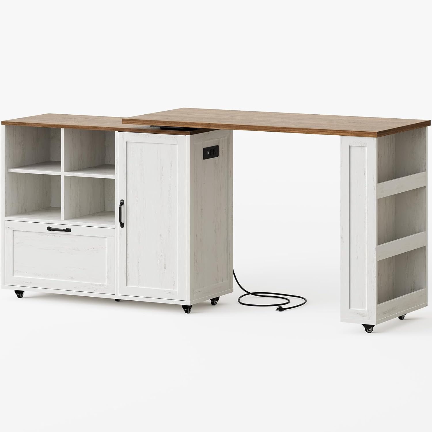 72" Rolling Kitchen Island with 360° Swivel Table & Power Outlet, Farmhouse Mobile Island Table with Storage Cabinet on Wheels, Wood Island Cart with Spice Rack for Kitchen,Dining Room,White