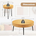Giantex Boho Round Coffee Table Set of 2, Sofa Side Nesting Table with Solid Pine Wood Top, Metal Legs & Adjustable Foot Pads, 31.5" D Large Table Set for Living Room (Radial Pattern, Natural)
