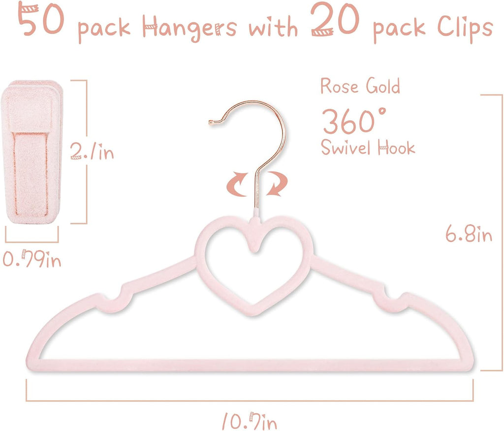 OneDream Pink Velvet Baby Hangers - 50 Pack 11inch Heart Toddler Hangers with 20pcs Clips, Non-Slip Strong and Durable Baby Clothes Hangers Without Slipping, Ultra Slim and Stackable Space Saving