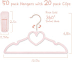 OneDream Pink Velvet Baby Hangers - 50 Pack 11inch Heart Toddler Hangers with 20pcs Clips, Non-Slip Strong and Durable Baby Clothes Hangers Without Slipping, Ultra Slim and Stackable Space Saving