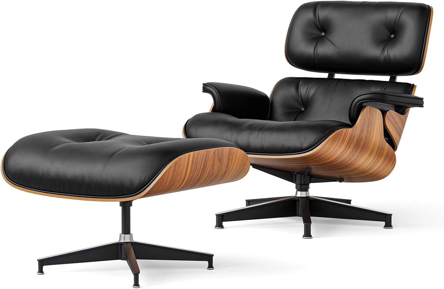 Luxury Top Grain Leather Mid Century Chaise Lounge Chair with Ottoman, Heavy Duty Base Support, Reading Chair, Modern Arm Chair, Leather Accent Chair for Living Room and Office, Walnut