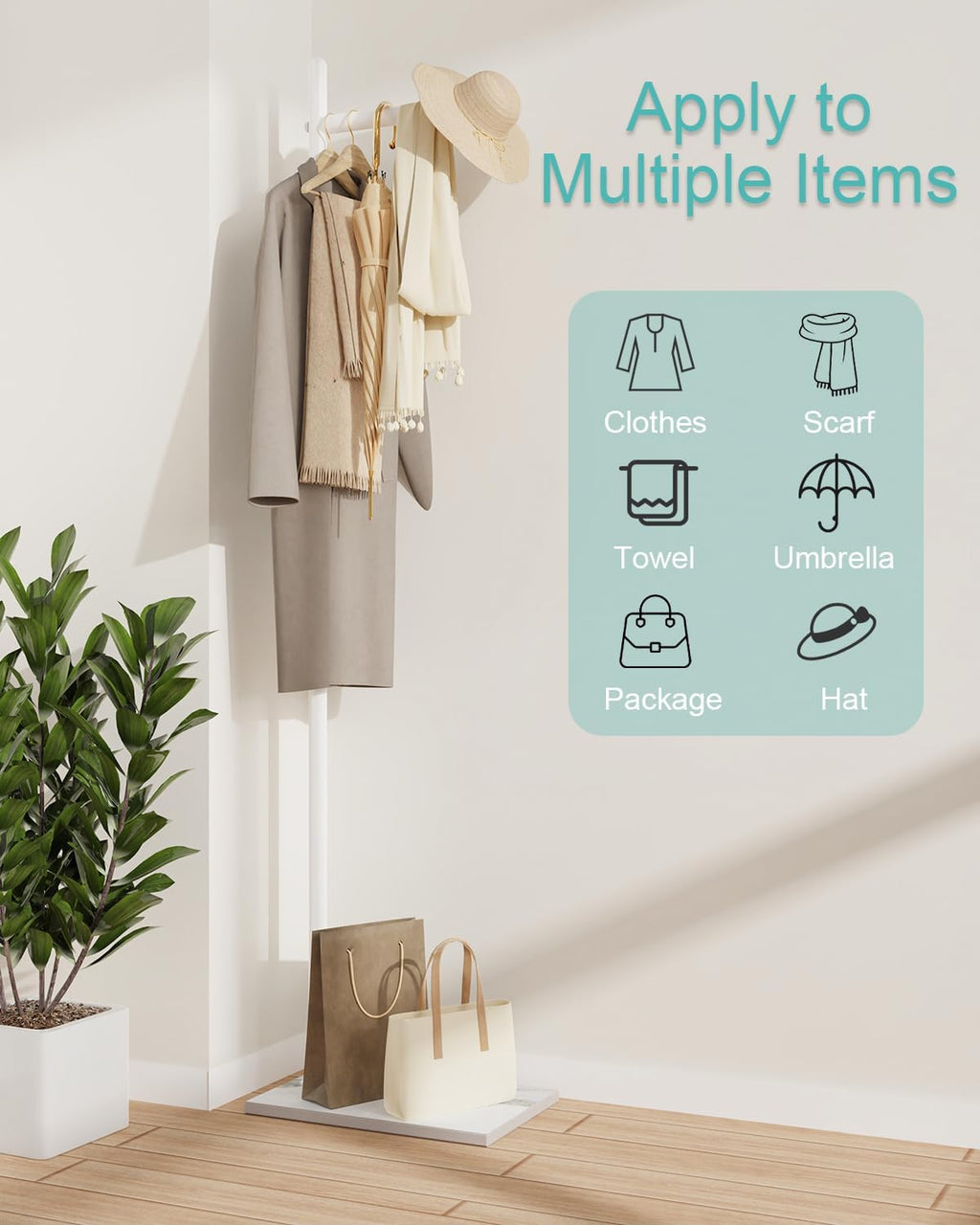 Yawinhe Metal Coat Racks with Square Base,L-Shaped Clothes Stand,White | Freestanding Hall Tree for Bedroom;Clothes Hanger Stand Suitable for Entryway; Stable Clothing Rack for Hallway