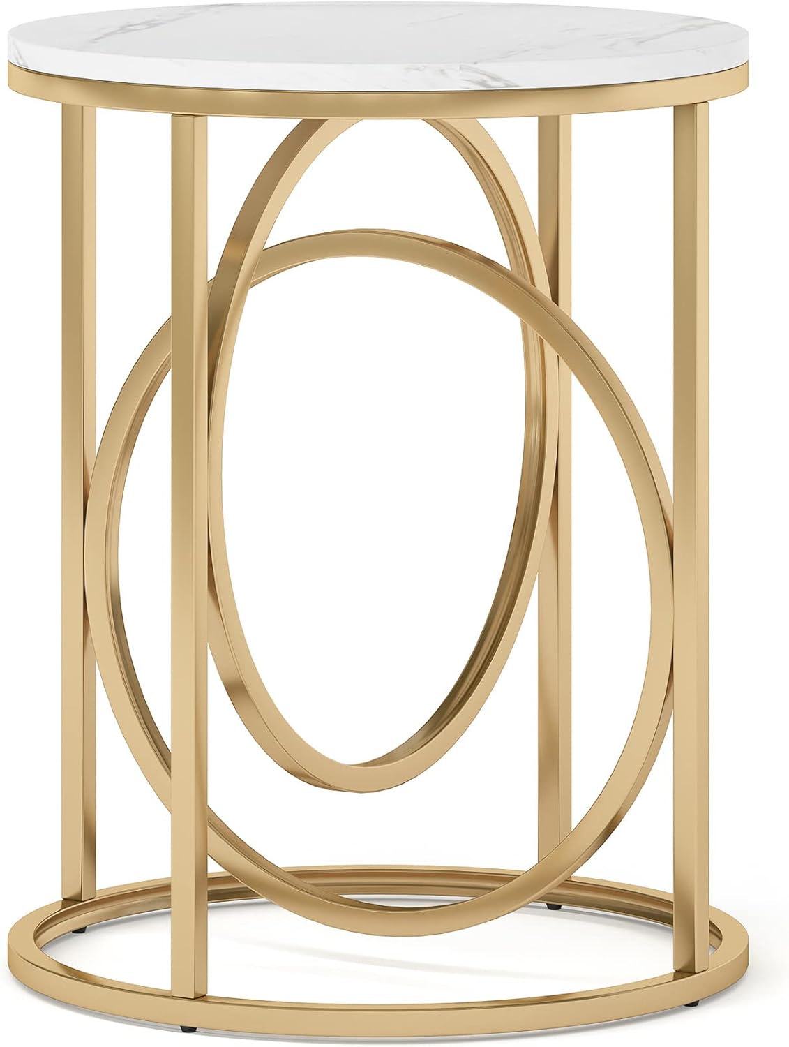 Tribesigns Round End Table, 20" Modern Sofa Side Table with Gold Base, Faux Marble Accent Table Bedside Table Nightstand for Living Room, Bedroom, White and Gold