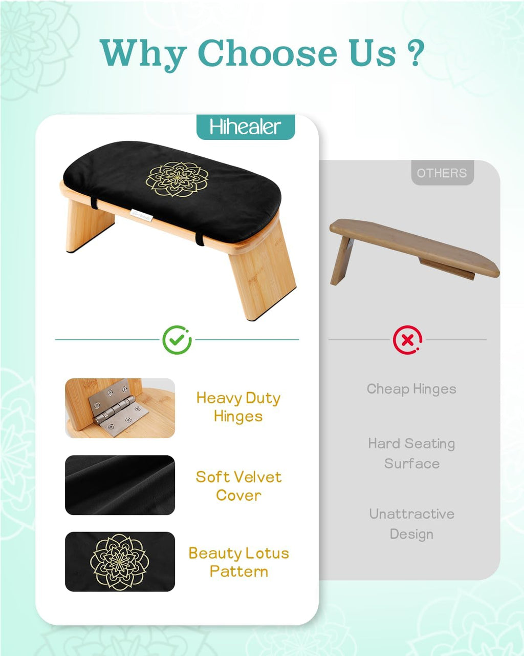 Hihealer Folding Bamboo Meditation Bench with Cushion & Carry Bag – Ergonomic Yoga and Prayer Stool for Comfort and Posture Support (Black)