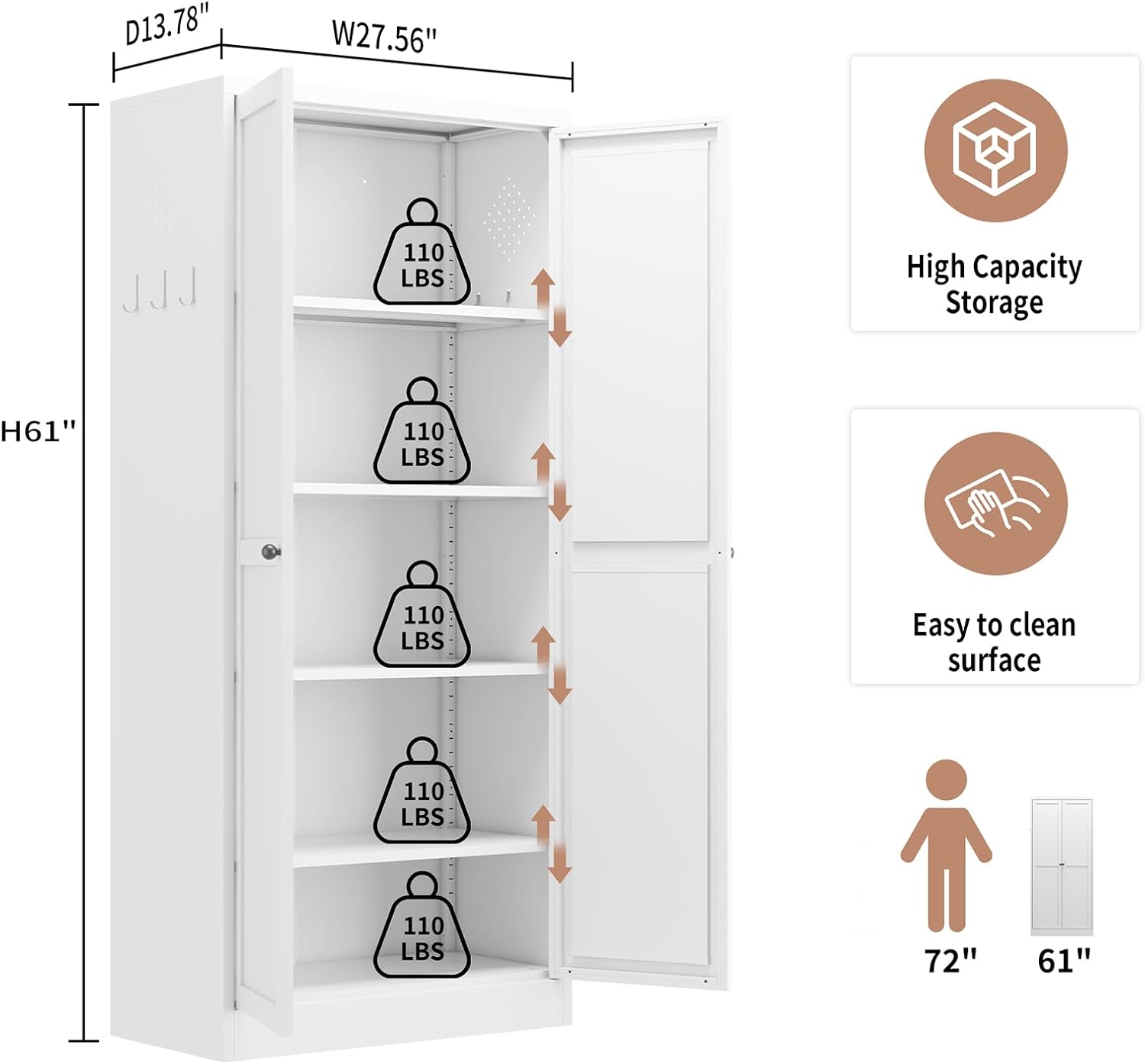 61" Metal Kitchen Pantry Cabinet Adjustable Storage with 4 Shelves (110lb Capacity), Freestanding Pantry Organizer for Kitchen, Pantry, Living Room