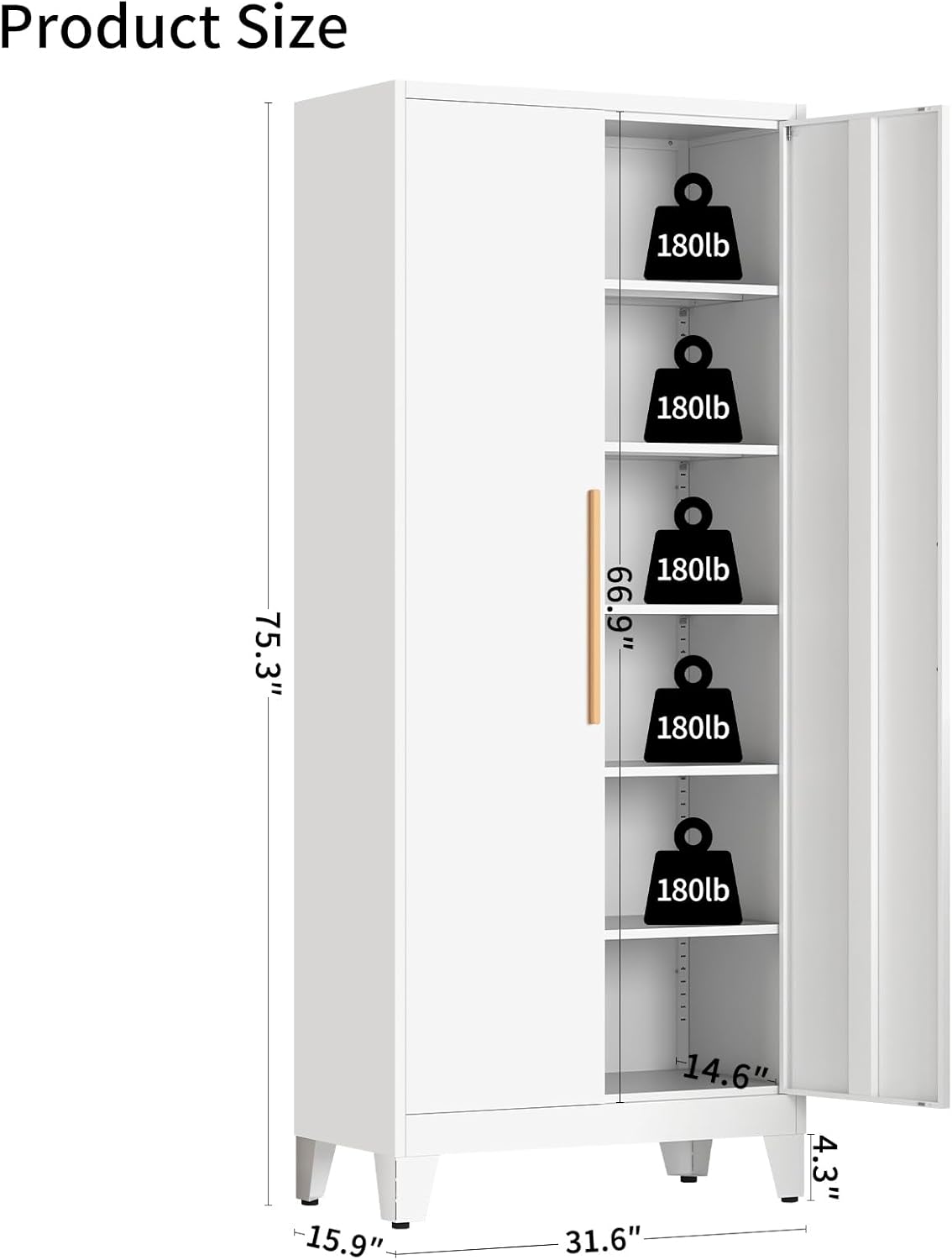 75.3" Tall Metal Kitchen Pantry Storage Cabinet with 5 Adjustable Shelves & 2 Doors, Large Freestanding Organizer Cabinet for Kitchen, Bathroom,Diningroom（White）