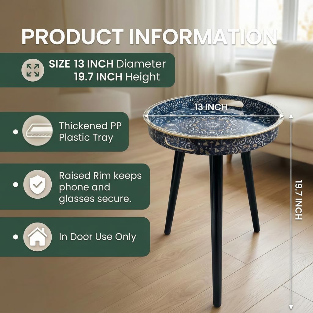 Round Indoor Side Tables with Detachable Wooden 3 Legs, Versatile Tray Table, Perfect for Round Coffee Table Tea, and Relaxation Time 17.7 Inch (33 Blue Maze)