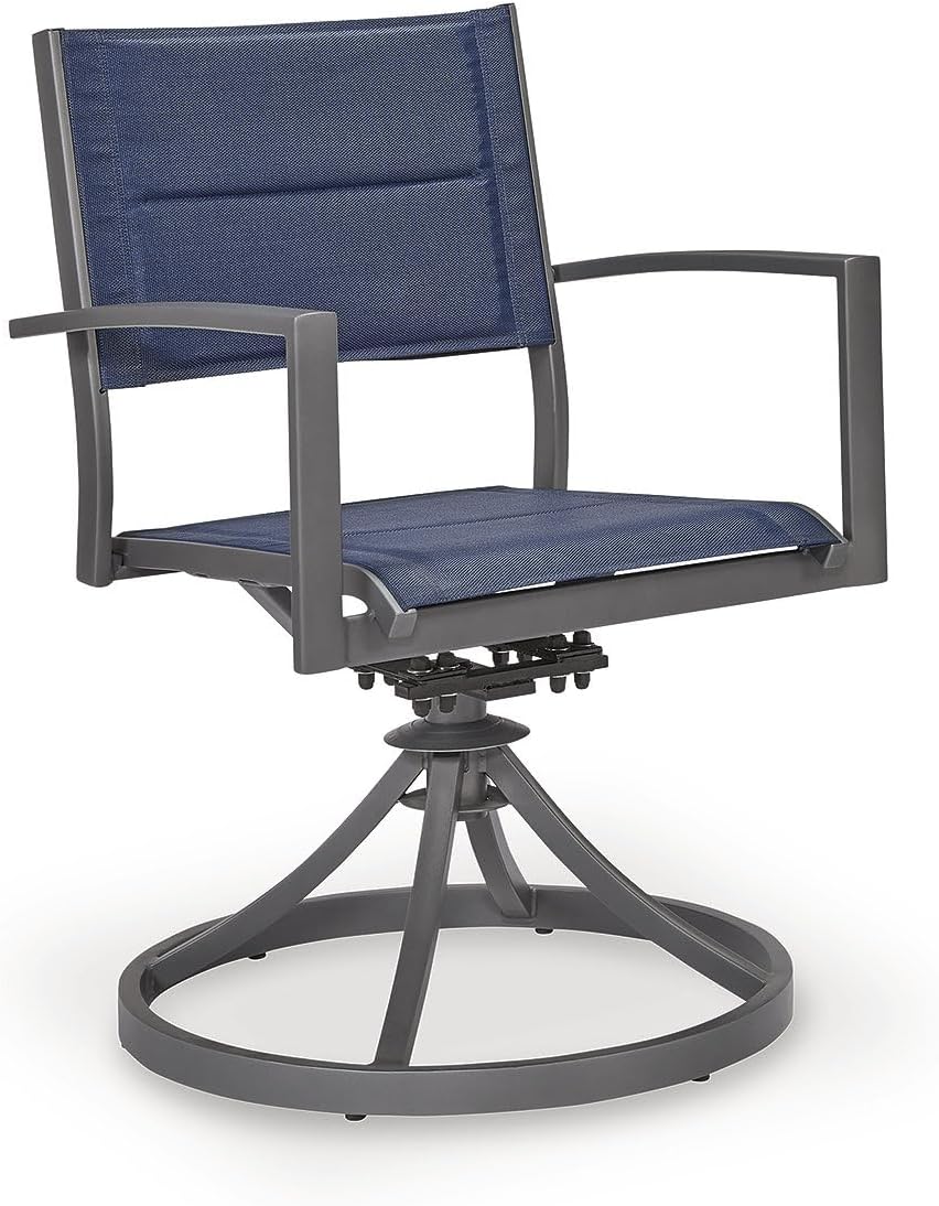 Signature Design By Ashley Point Bonita Swivel Outdoor Chair, 360-Degree Motion, Aluminum Frame with Padded Sling Seat for Patio Or Porch, All-Weather Gray/Blue, Set of 2