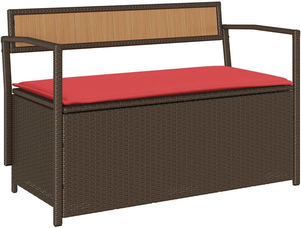 Brown Poly Rattan Patio Storage Bench with Cushion, Outdoor Seat for Cushions and Gardening Supplies