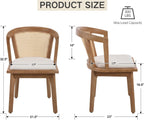 CIMOTA Mid-Century Modern Rattan Wood Dining Chairs Set of 4, Farmhouse Kitchen Chairs with Barrel Cane Backrest/Upholstered Seat/Natural Oak Finish for Dining Room/Cafe/Bistro, Linen Beige