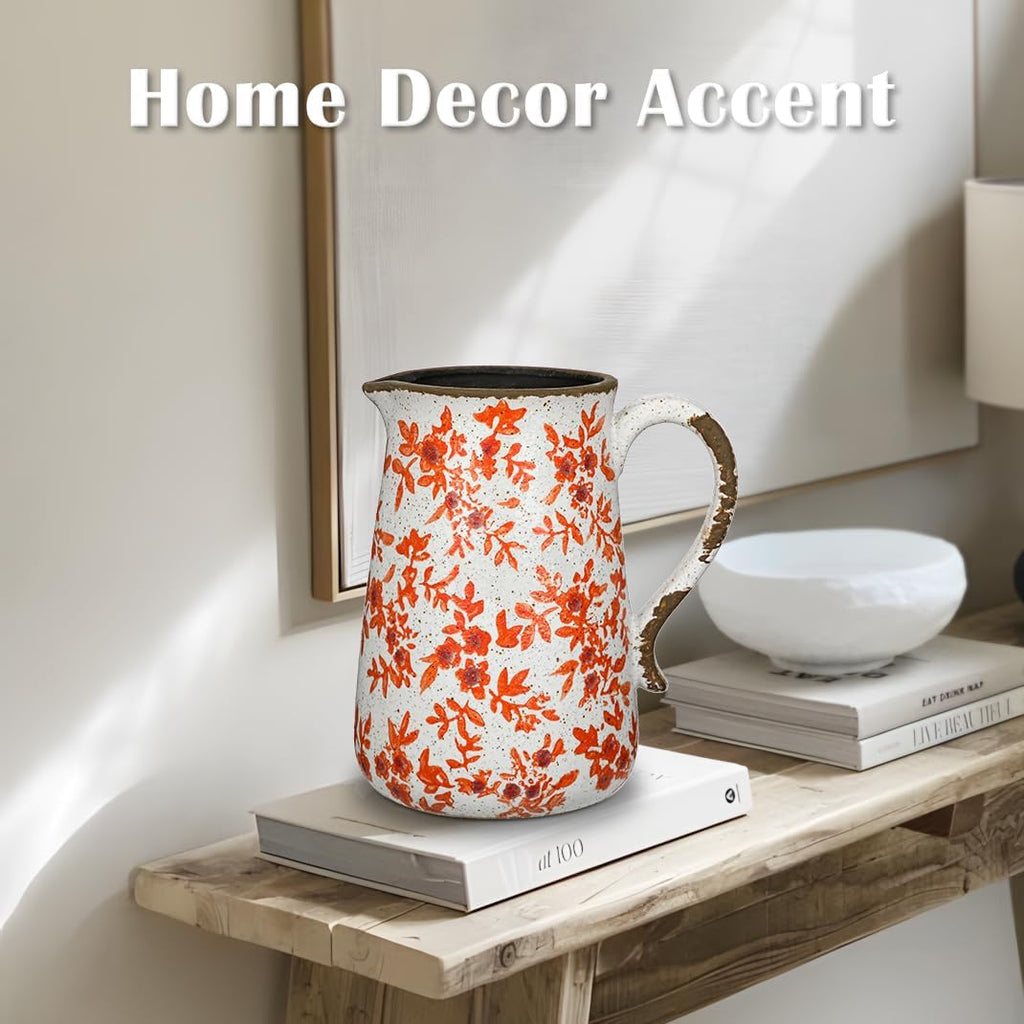 Ceramic Rustic Farmhouse Vase, 7.9" Orange Red and White Vase for Centerpieces Chinoiserie Vases Pottery Jug with Handle Chinoiserie French Country Decor Vintage Vases for Kitchen Dinner Table