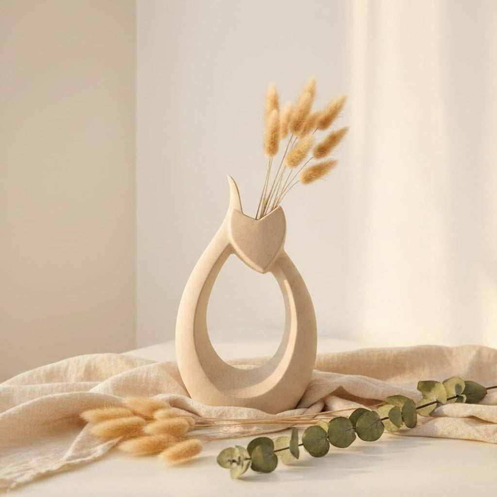 10" Ceramic Vase for Decor - Cute Abstract Cat Statue with Sandstone Texture, Modern Minimalist Boho Flower Vase for Dried Pampas Grass, Unique Heart Shape Lover Gifts for Women, Beige