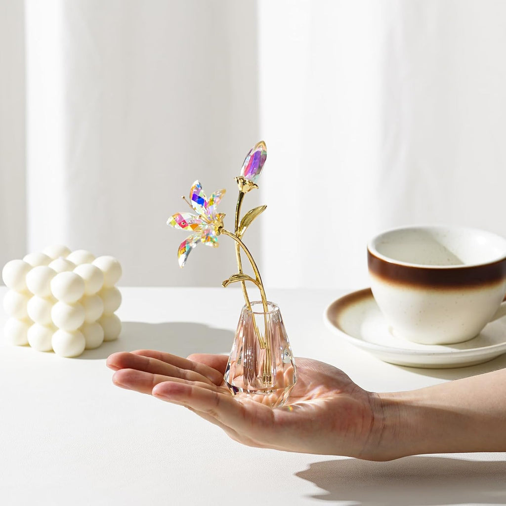 Crystal Lily Figurine, Glass Flowers with Stem,Flower Collectible Gifts for Woman, Wedding Party Decor(Transparent)