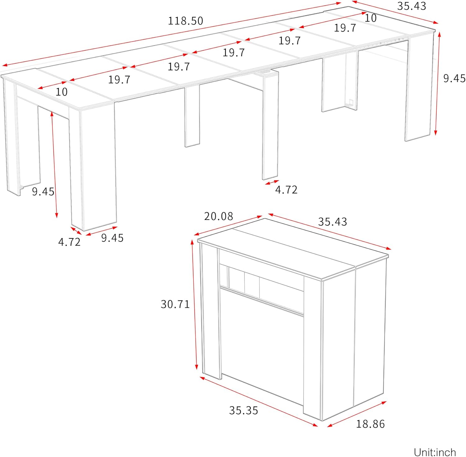Transformer Folding Console Table for 10-12 People, Extendable Dining Table, Space Saving Dining Room Table for Apartments & Homes, Walnut