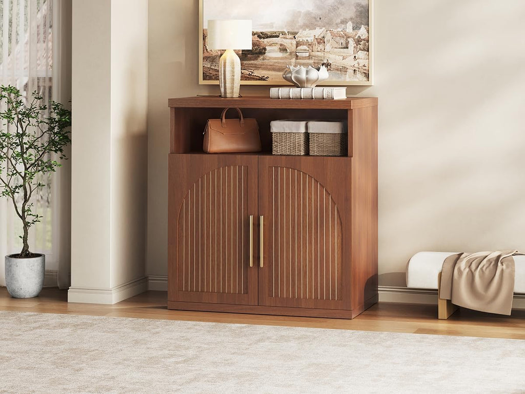 Fluted Buffet Cabinet with Storage, 31.5" Wide Wood Sideboard Credenza with Open Storage Shelf & Adjustable Shelves, Modern Kitchen Entryway Accent Table for Dining Room Living Room Hallway, Walnut