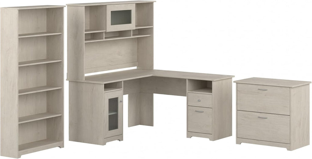 Bush Furniture L Shaped Desk with Hutch, 5 Shelf Bookcase and Lateral File Cabinet | Cabot Collection Corner Computer Table with Storage and Bookshelf | 60Wx23DX37W