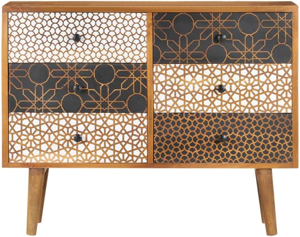 Mid-Century Modern Sideboard with Six Drawers, Solid Mango Wood and MDF Construction, Brown Lacquered Finish with Geometric Printed Patterns, Ample Storage for Dining