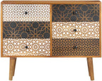 Mid-Century Modern Sideboard with Six Drawers, Solid Mango Wood and MDF Construction, Brown Lacquered Finish with Geometric Printed Patterns, Ample Storage for Dining