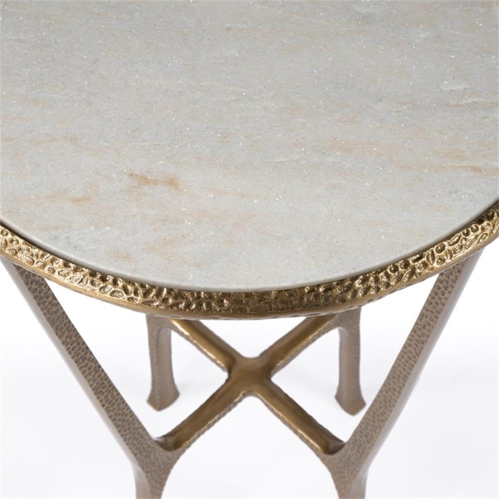 Beaumont Lane Transitional Side Table, 16" Round White Marble Top, Gold Aluminum Base with Hammered Detailing, Contemporary Accent Table for Living Room or Bedroom