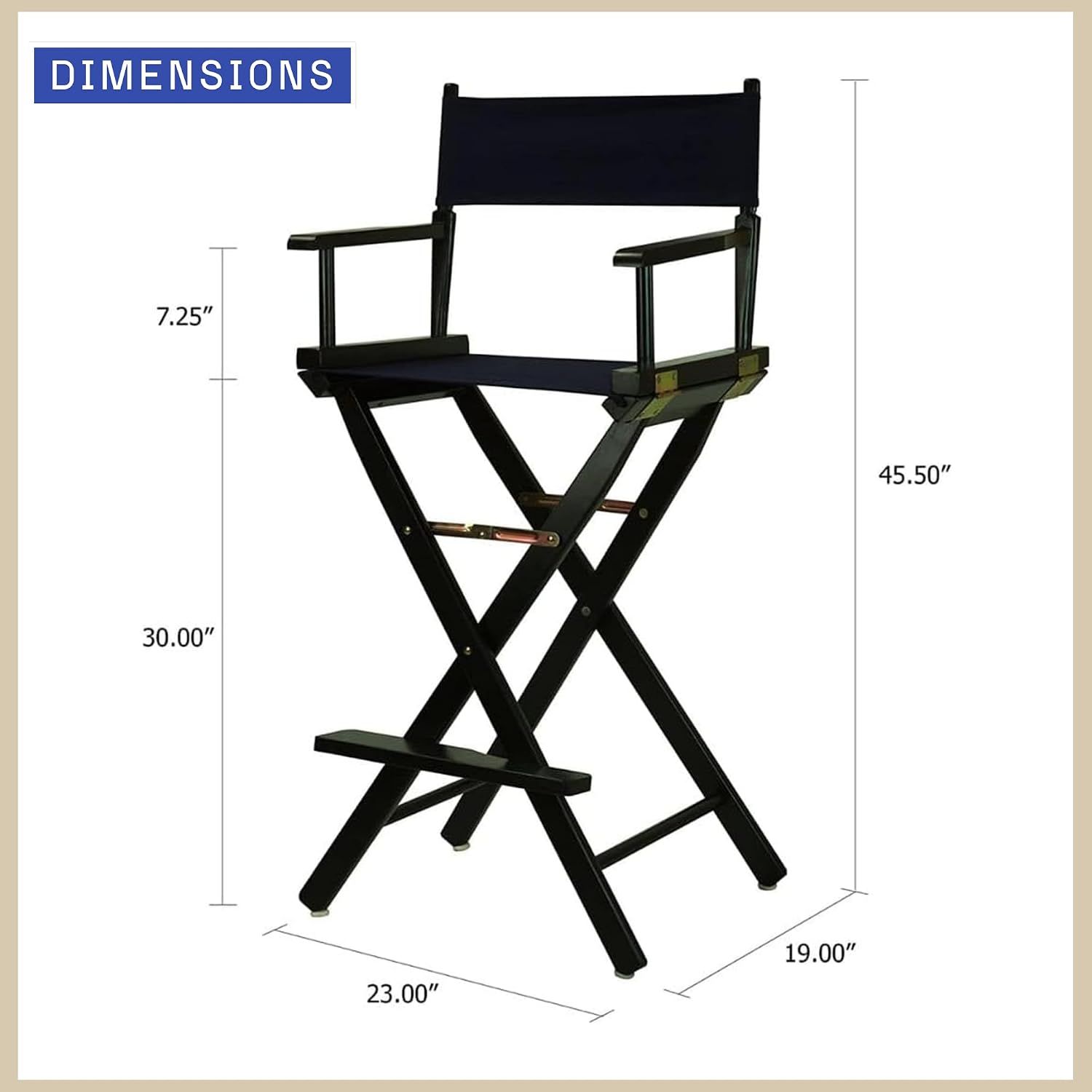 30-inch Directors Chair with Black Wood Frame and Navy Blue Canvas Seat and Backrest Folding Portable Bar Height Tall Chair for Makeup Artists, Filmmaking Events, Patio Camping, and Home Use