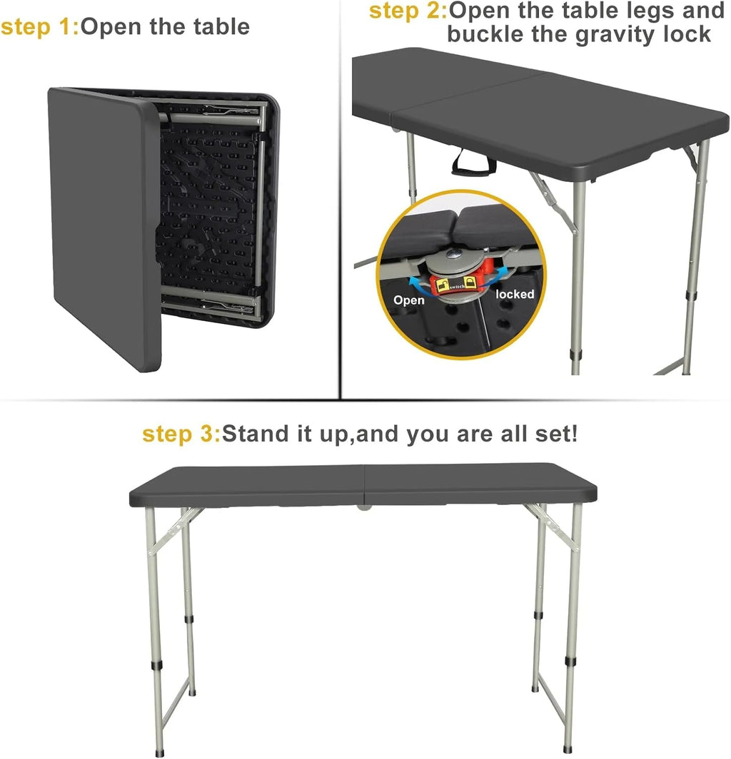 Folding Table 4 Foot Portable Heavy Duty Plastic Fold-in-Half Utility Table Small Indoor Outdoor Adjustable Height Folding with Carrying Handle, Camping and Party Black