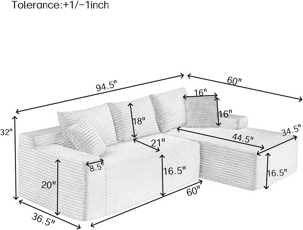 95" L-Shaped Cloud Sectional Couch, Right Facing Modular Compressed Boneless Sectional Sofa with Chaise Lounge, Plush Corduroy Boneless Corner Sofa for Living Room
