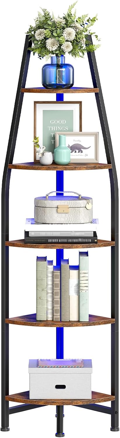CHOEZON Corner Shelf with Lights, Corner Bookshelf with Metal Frame, 5-Tier Tall Ladder Shelf, Storage Rack for Home Office, Bedroom, Living Room, Rustic Brown and Black TCJ71DBF