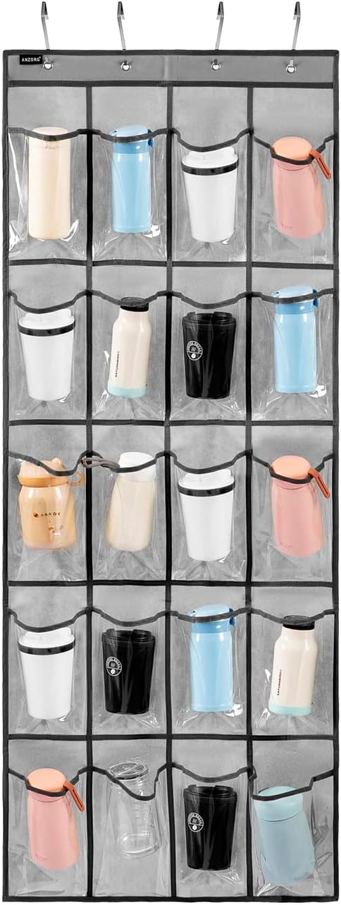 Over Door Hanging Water Bottle Holder Cup Organizer for Kitchen Pantry Glass Bottle Storage Rack with 20 Pockets (CLEAR PVC POCKETS)