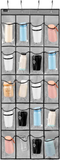 Over Door Hanging Water Bottle Holder Cup Organizer for Kitchen Pantry Glass Bottle Storage Rack with 20 Pockets (CLEAR PVC POCKETS)