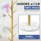 Durmmur Heavy Duty Coat Rack with Natural Marble Base, Freestanding Metal Coat Stand with 8 Hooks, Modern Stable Coat Hanger Tree for Bags, Jacket, Clothes, and Hats, Gold Metal