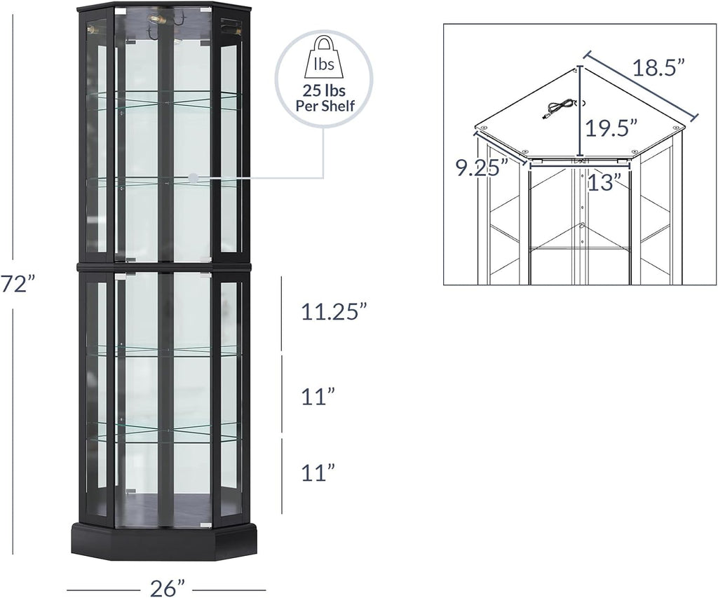 BELLEZE Lighted 3-Side Glass Display Curio Cabinet with Tempered Glass Doors and Shelves, Curved Wood Corner Cabinet with Bulb, Corner Curio Storage Rack for Bar and Liquor Storage - Ashfield (Black)