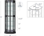 BELLEZE Lighted 3-Side Glass Display Curio Cabinet with Tempered Glass Doors and Shelves, Curved Wood Corner Cabinet with Bulb, Corner Curio Storage Rack for Bar and Liquor Storage - Ashfield (Black)