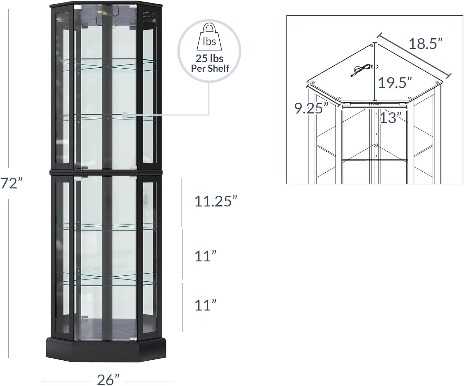 BELLEZE Lighted 3-Side Glass Display Curio Cabinet with Tempered Glass Doors and Shelves, Curved Wood Corner Cabinet with Bulb, Corner Curio Storage Rack for Bar and Liquor Storage - Ashfield (Black)