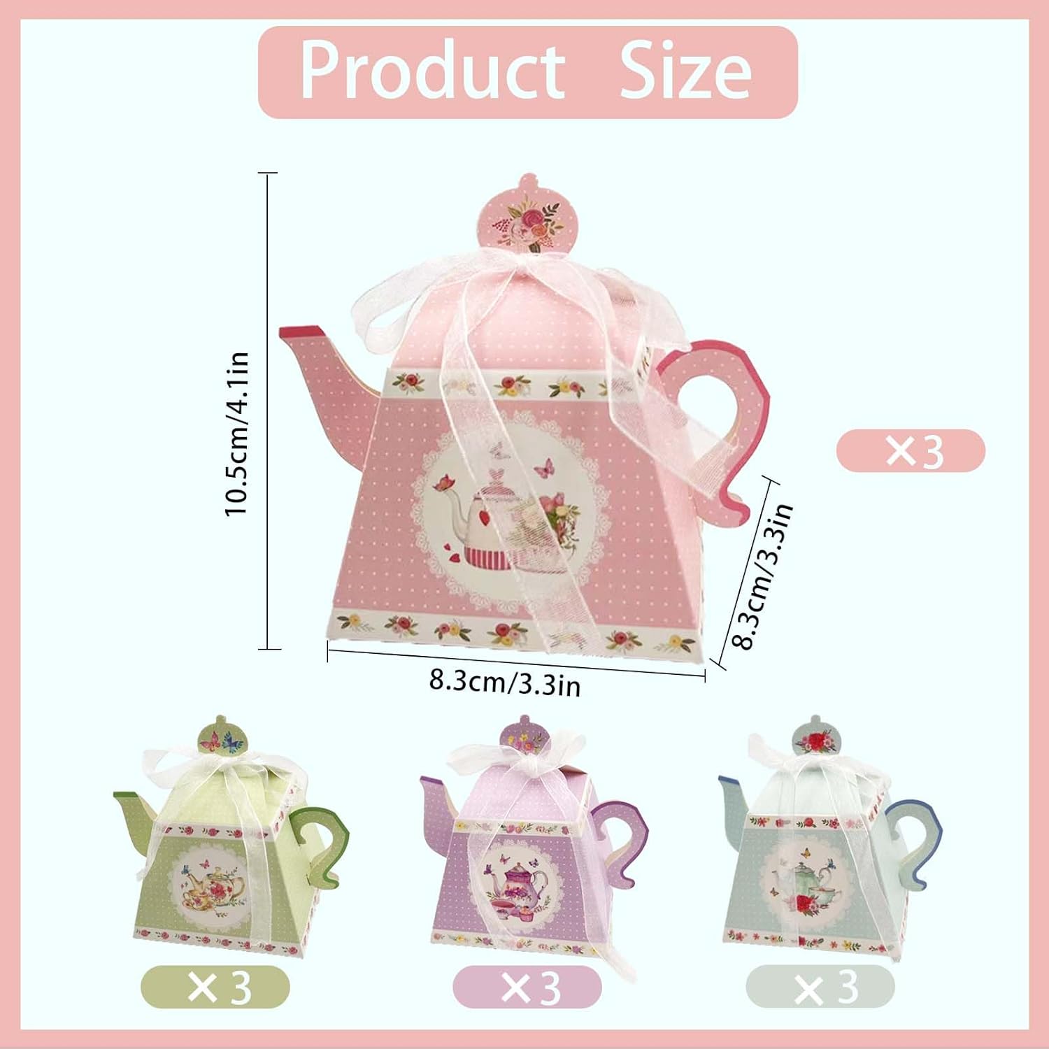 GRSECPO 12 Pack Floral Tea Party Favor Boxes, Vintage Teapot Gift Bags | Teapot design with floral patterns in 4 colors. 3.3x3.3x4.1". Pack of 12 favor boxes for candy cookies wedding bridal shower