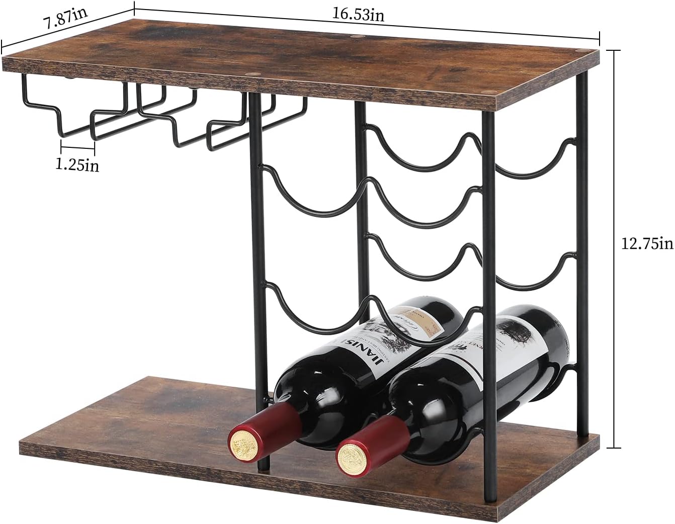 MOOACE Countertop Wine Rack, Wine Bottle Rack with Glass Holder | Freestanding, Holds 6 Bottles and 4 Glasses, For Home Bar Tabletop Kitchen Cabinet, Wood & Metal