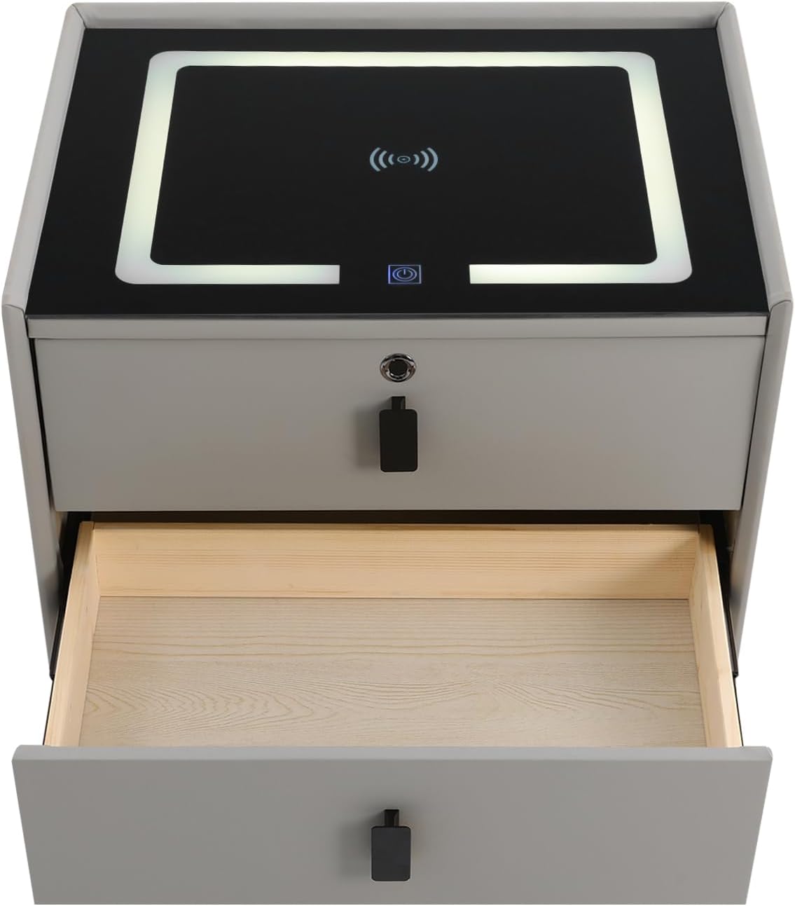 3 Color LED Nightstand with Wireless Charging Station & USB Ports, 2 Drawers Modern Night Stand Bedside Table End with Fingerprint Lock & Bluetooth Speaker Table for Bedroom, Living Room (Light Gray)