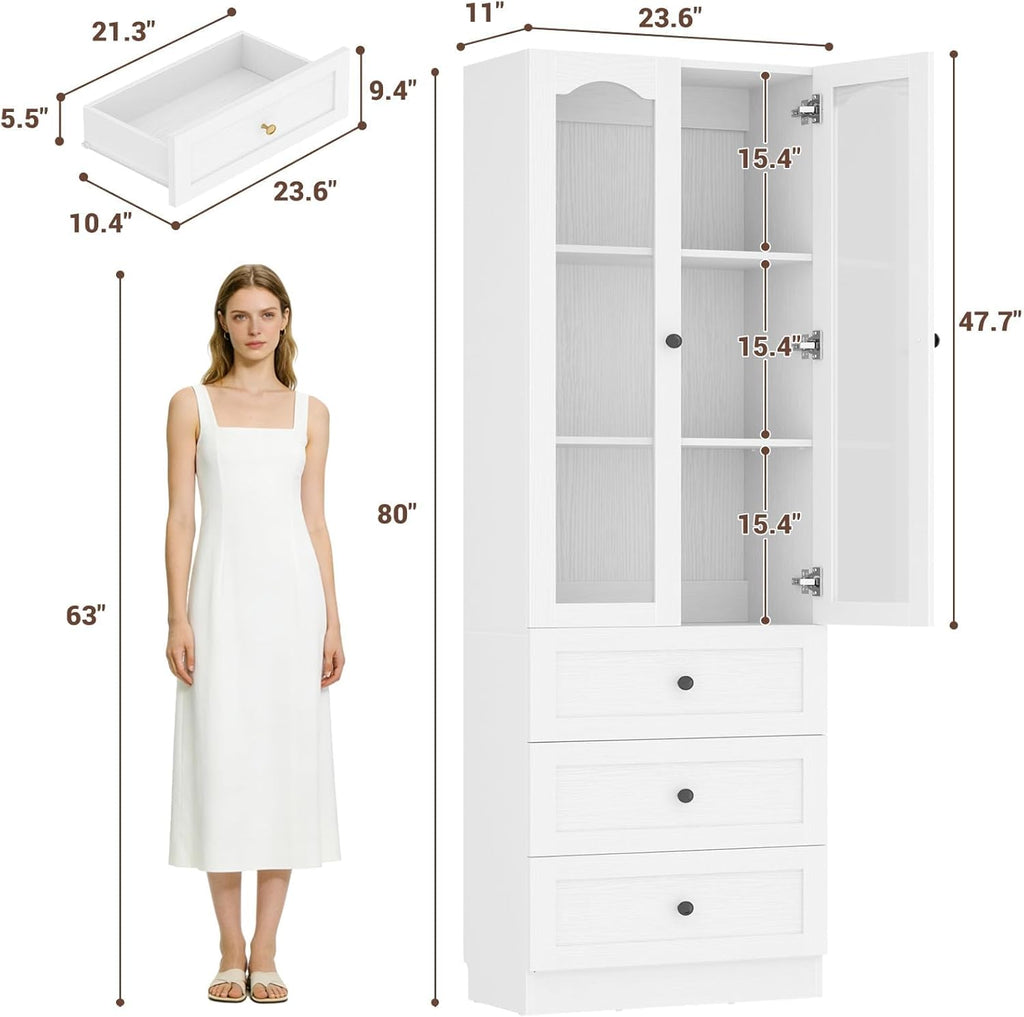 Cyclysio 80" Tall Pantry Cabinet for Kitchen Storage, 2 Set White Pantry Cabinet with Glass Doors & 3 Drawers - Freestanding Storage Bookcase with Built-in Baseboard Notch for Dining, Living Room