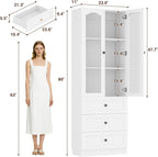 Cyclysio 80" Tall Pantry Cabinet for Kitchen Storage, 2 Set White Pantry Cabinet with Glass Doors & 3 Drawers - Freestanding Storage Bookcase with Built-in Baseboard Notch for Dining, Living Room