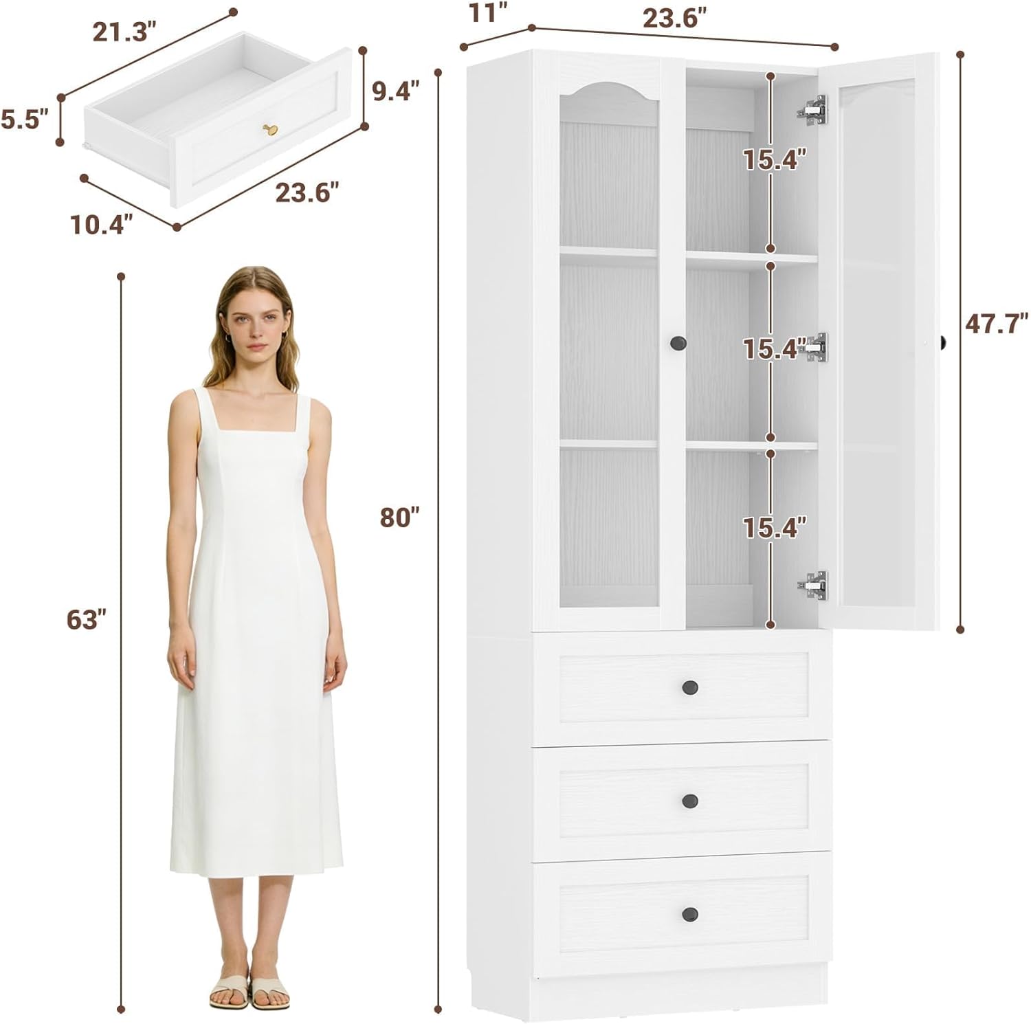 Cyclysio 80" Tall Pantry Cabinet for Kitchen Storage, 2 Set White Pantry Cabinet with Glass Doors & 3 Drawers - Freestanding Storage Bookcase with Built-in Baseboard Notch for Dining, Living Room