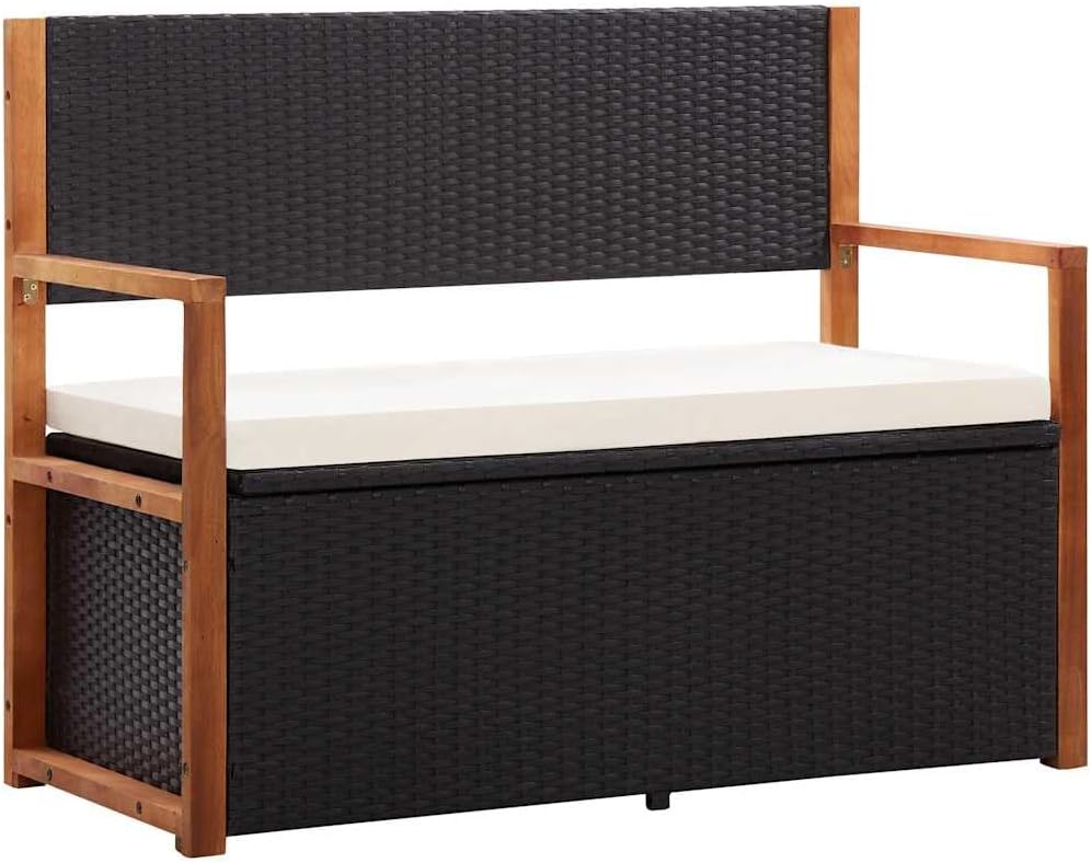 Poly Rattan Patio Storage Bench with Solid Acacia Wood Armrests and Backrest, Large Outdoor Storage Bench with Removable Seat Cushion