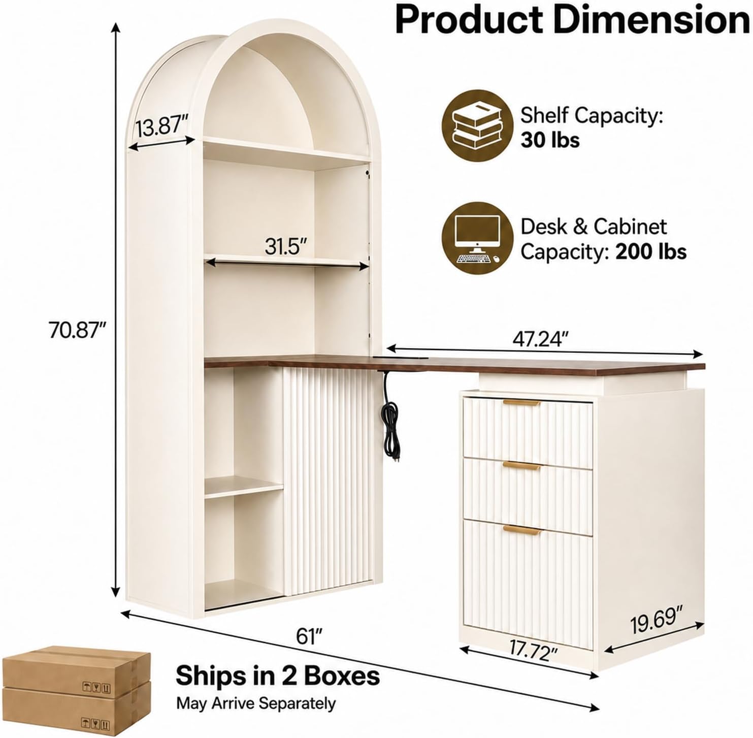 NORTHSKY 61" L Shaped Desk with Arched Hutch, White Corner Computer Desk with Power Outlets, 3 Drawers, File Cabinet and Sliding Door Storage for Home Office