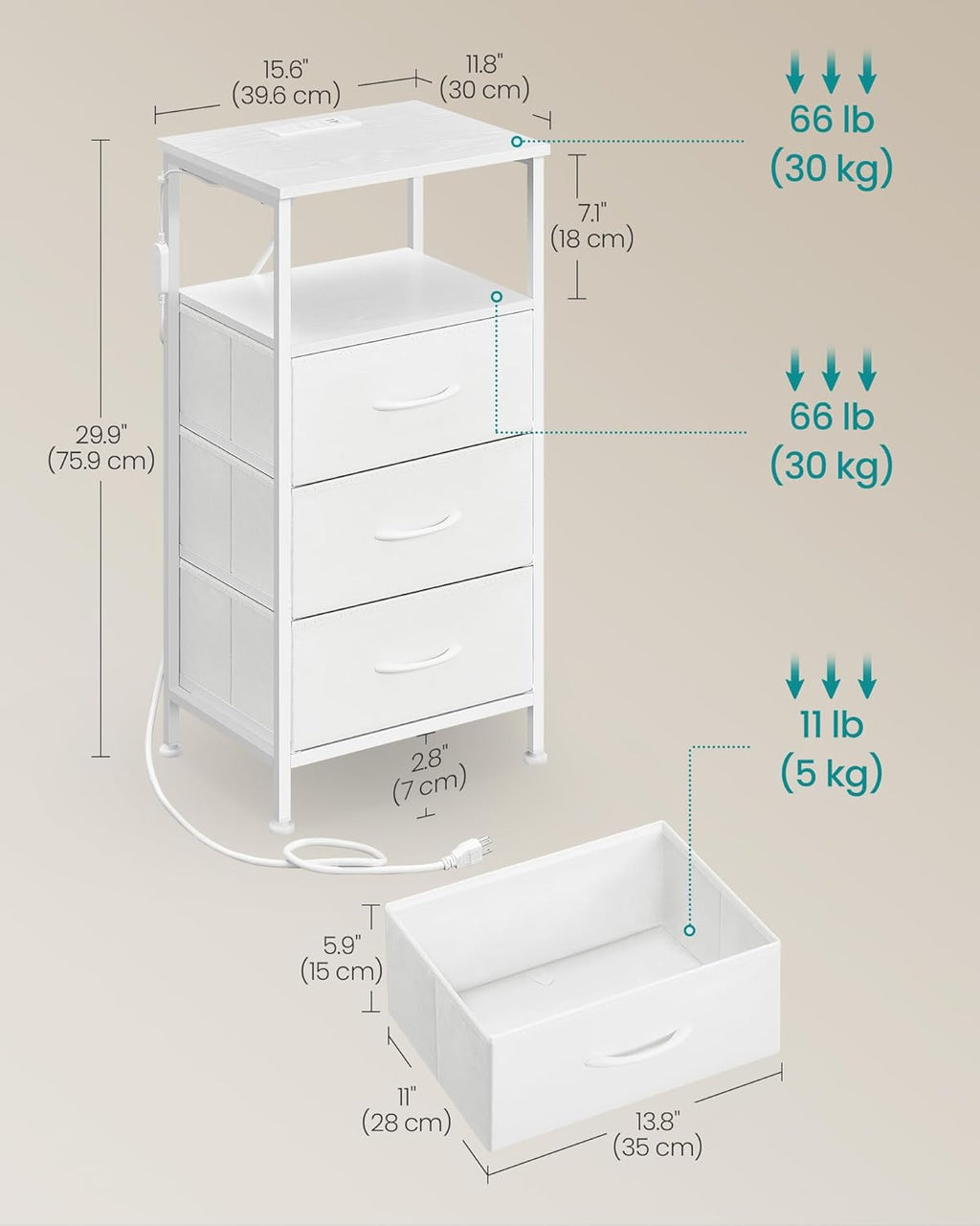 SONGMICS BELLAH Collection - Nightstand with Charging Station and App-Controlled Adjustable LED Lights, Bed Side Table, 3 Drawers and 1 Open Shelf, Modern, Cloud White and Snow White ULGS303WH01S