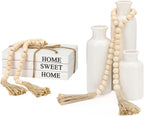 Reallnaive 8 Pcs Rustic Vase Centerpieces Set Included Boho Ceramic Vase Decorative Books Wood Bead Garland with Tassels for Farmhouse Table Island Living Room Decor(Home Sweet Home)
